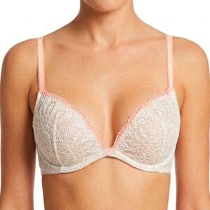 Victoria's Secret Ivory Pink Crochet Lace Tan Padded Cups Underwire Demi Bra 32D